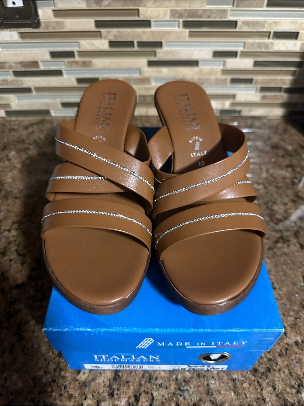 Italian Shoemakers Tan Strappy Slide Sandals with Metallic Trim